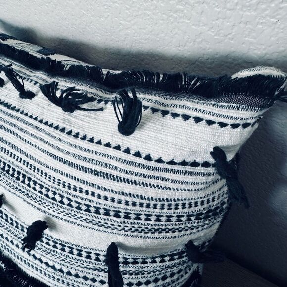 Anthropologie Black White Large Boho Tassel Textured Throw Pillow - Picture 2 of 4
